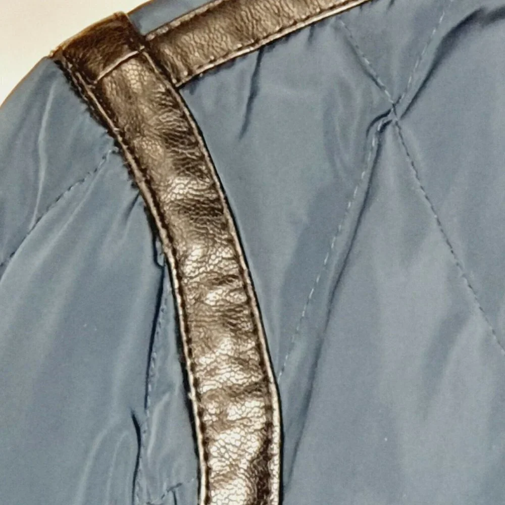 Michael Kors Navy‎ Blue Faux Leather Trim Down Filled Full Zip Puffer Jacket S